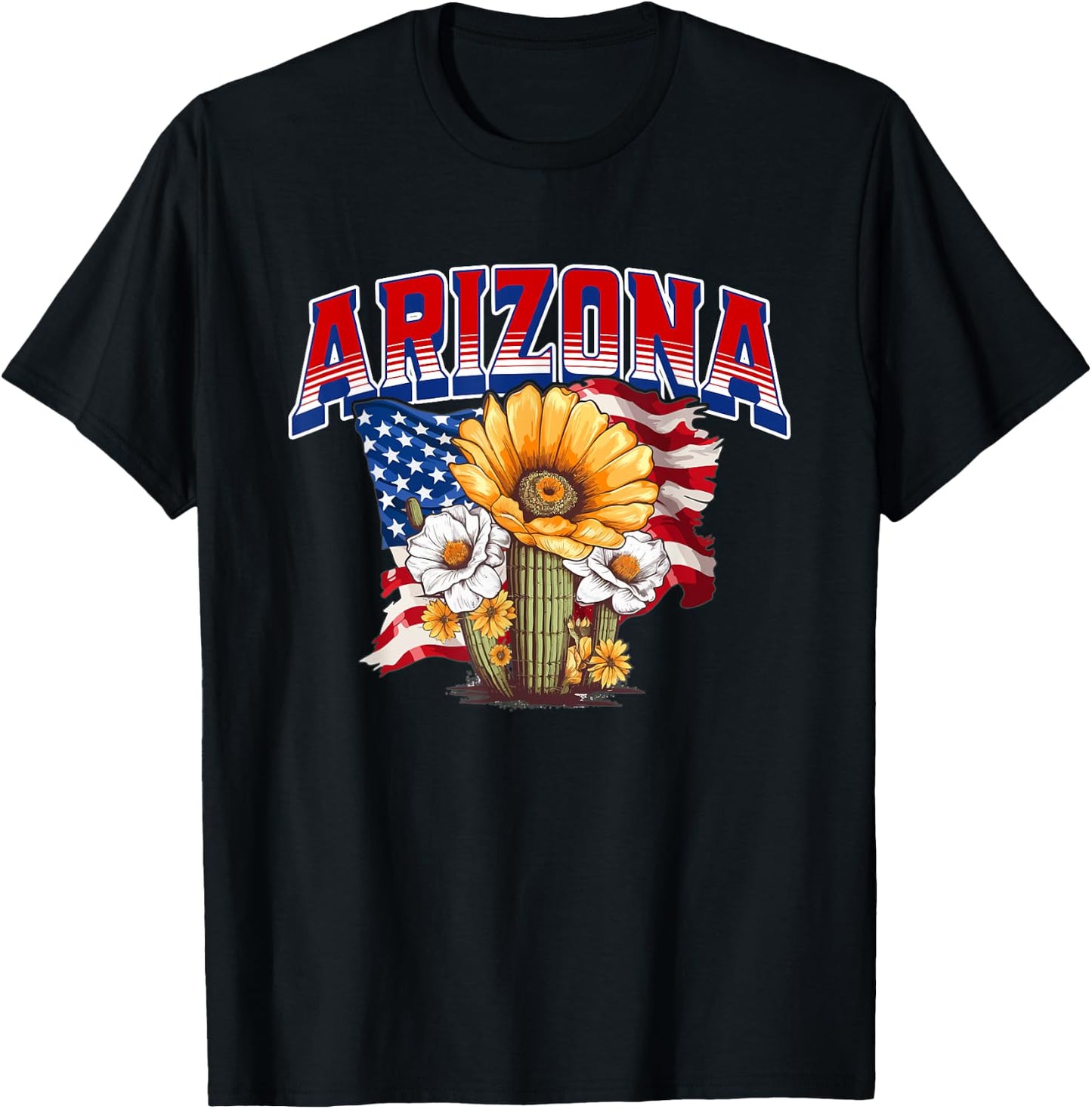 Arizona Flower Saguaro Cactus Blossom US Flag Red White Blue T-Shirt - T-Shirt | Black