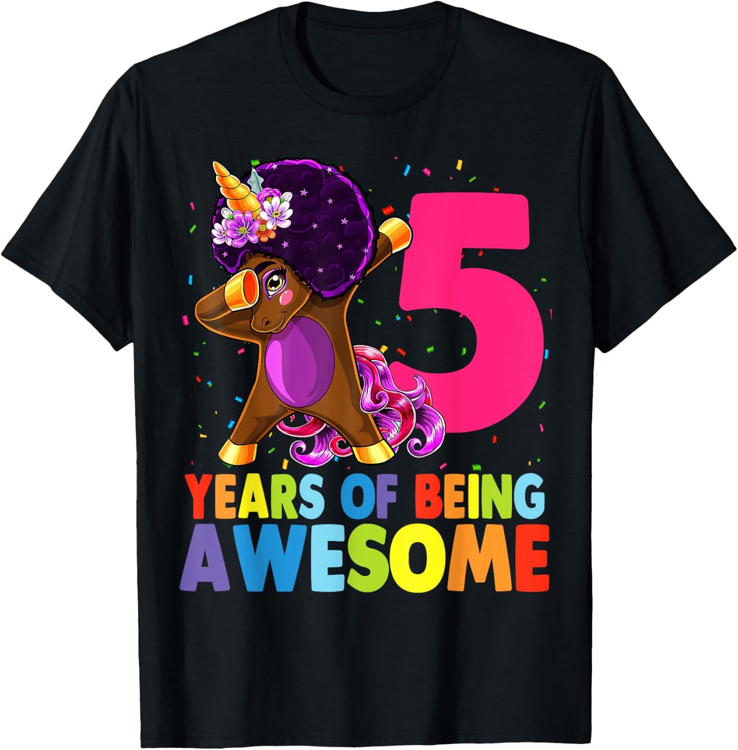 5th Birthday Dabbing Unicorn Afro Party Gift 5 Years Old T-Shirt - T-Shirt | Black