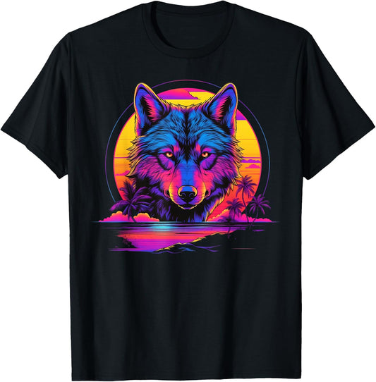 Vintage Retrowave Synthwave 80s Vaporwave Wolf T-Shirt - T-Shirt | Black