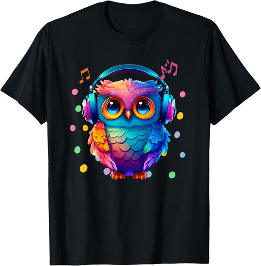 Rainbow Owl With Headphones Music Colorful Owl Graphic T-Shirt - T-Shirt | Black