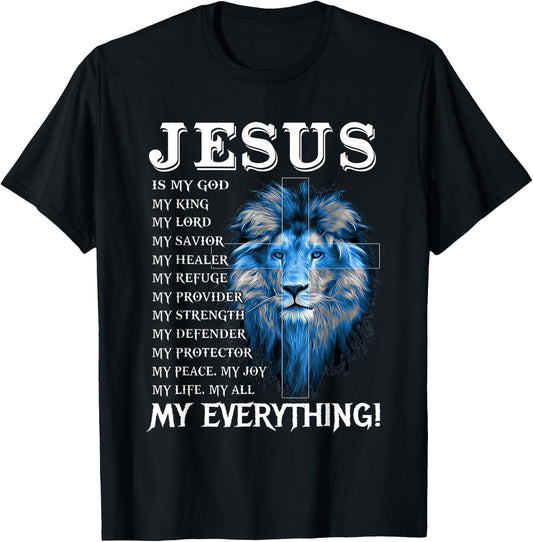 Jesus Is My God King My Lord My Savior Blue Lion Christian T-Shirt - T-Shirt | Black