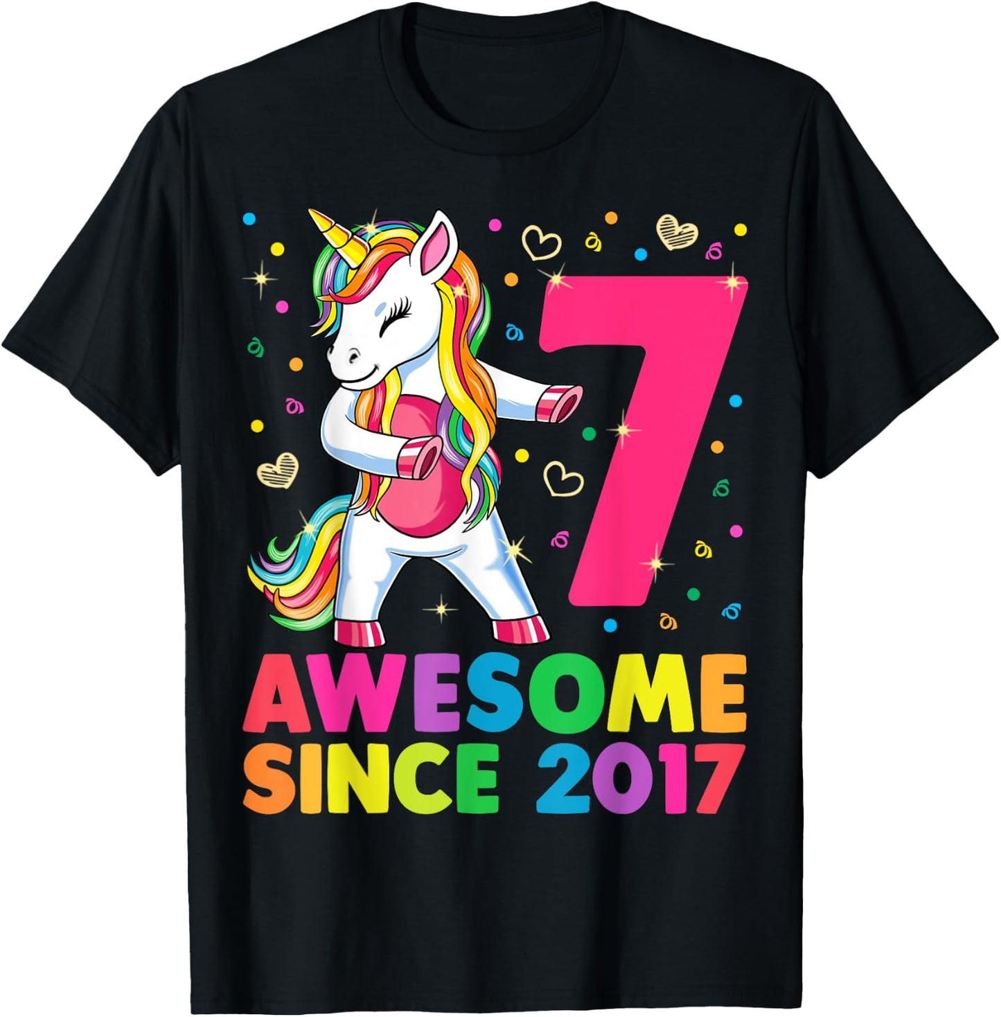 7 Years Old Unicorn Flossing 7th Birthday Girl Unicorn Party T-Shirt - T-Shirt | Black