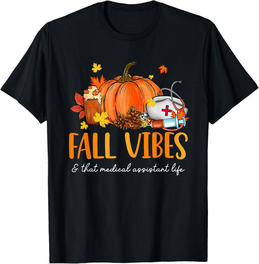 Fall Vibes & That Medical Assistant Life Leopard Pumpkin T-Shirt - T-Shirt | Black