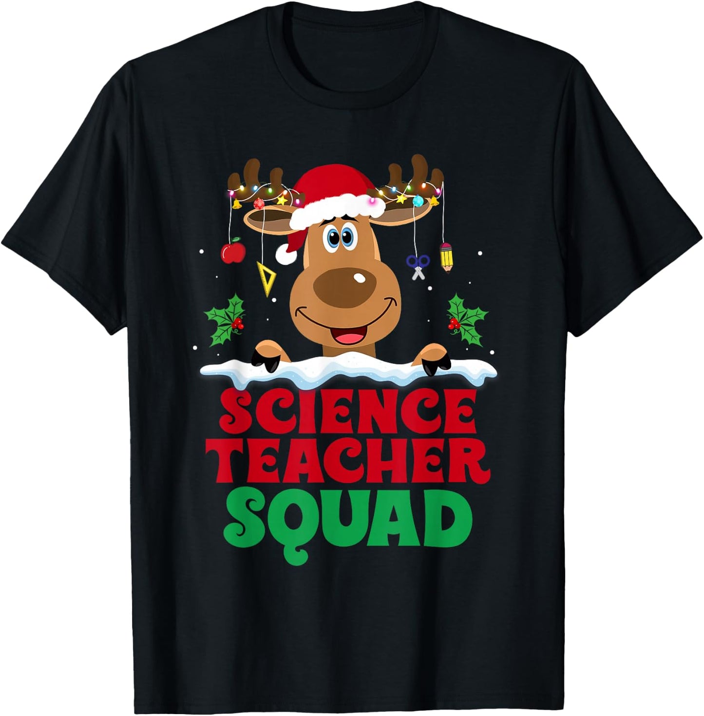 Science Teacher Squad Reindeer Santa Hat Funny Christmas T-Shirt - T-Shirt | Black