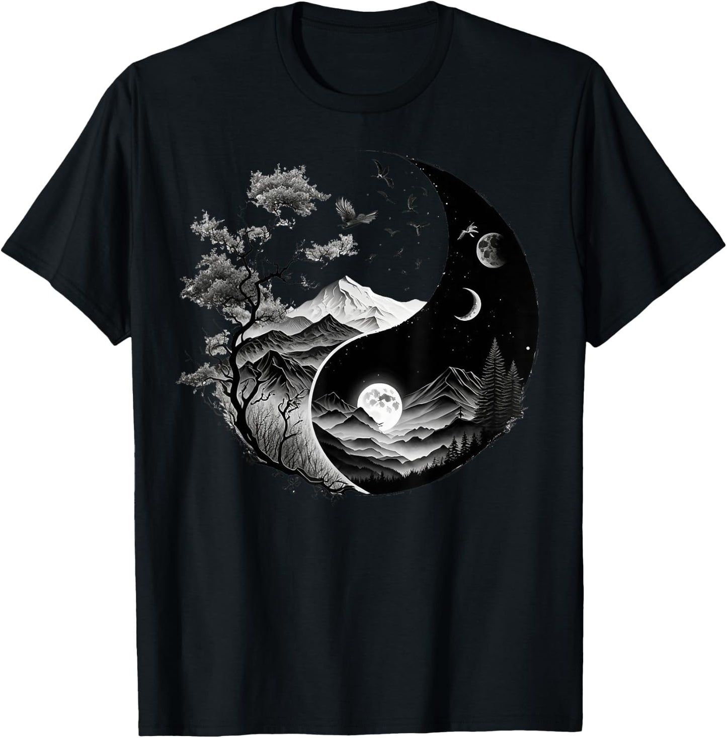 Taoism Symbol on Black and White Nature Taijitu Yin Yang T-Shirt - T-Shirt | Black