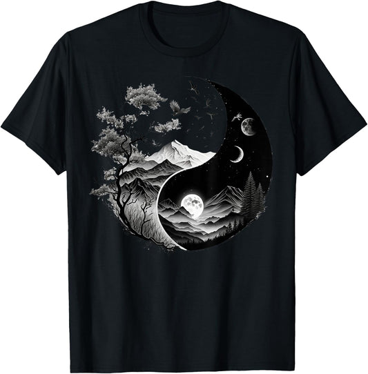 Taoism Symbol on Black and White Nature Taijitu Yin Yang T-Shirt - T-Shirt | Black
