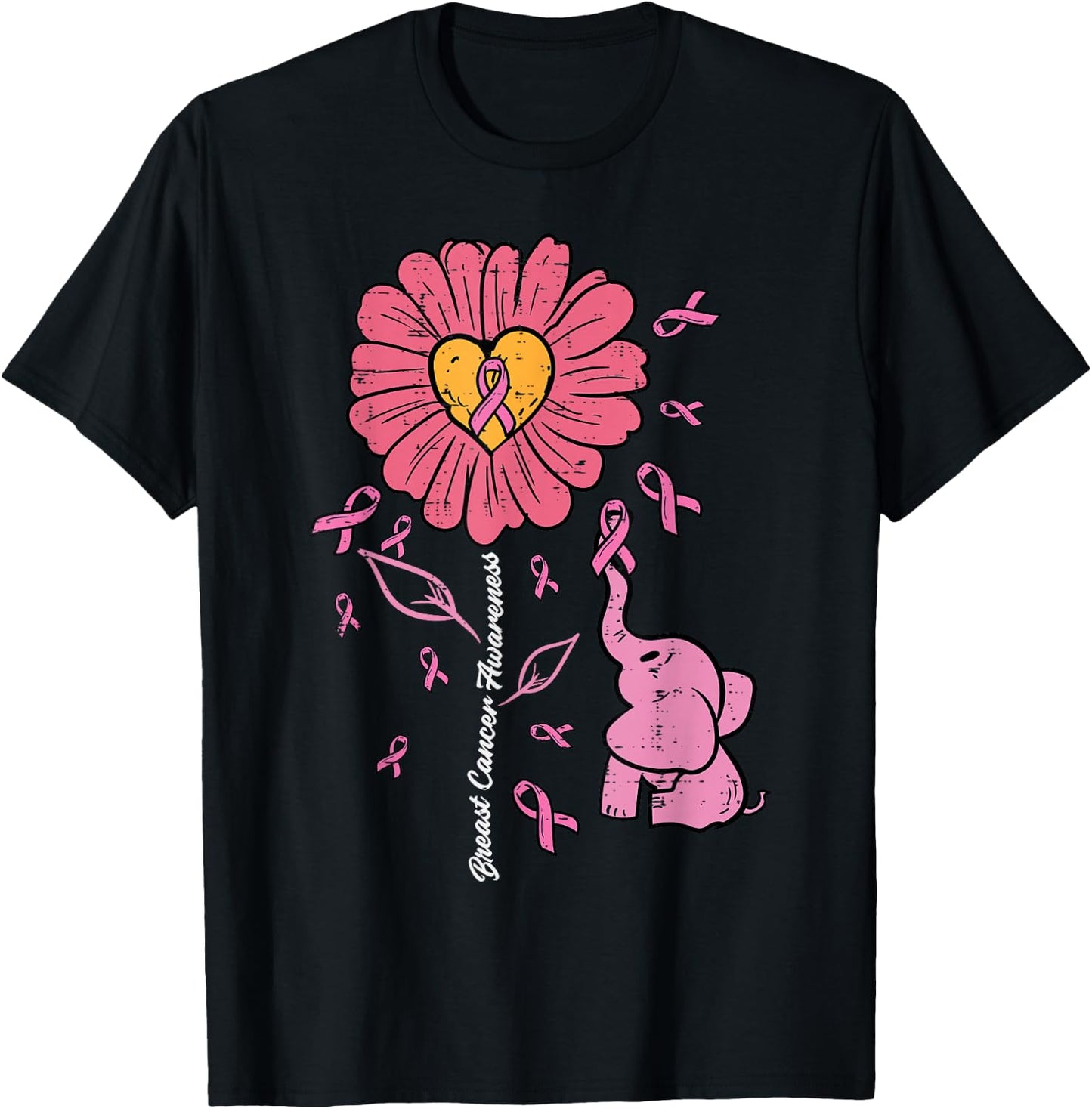 Pink Sunflower Elephant Daisy Breast Cancer Awareness Women T-Shirt - T-Shirt | Black
