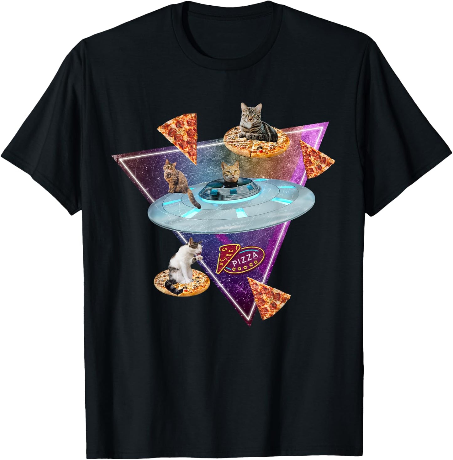 Funny UFO Space Pizza Galaxy Cat Women Kids T-Shirt - T-Shirt | Black