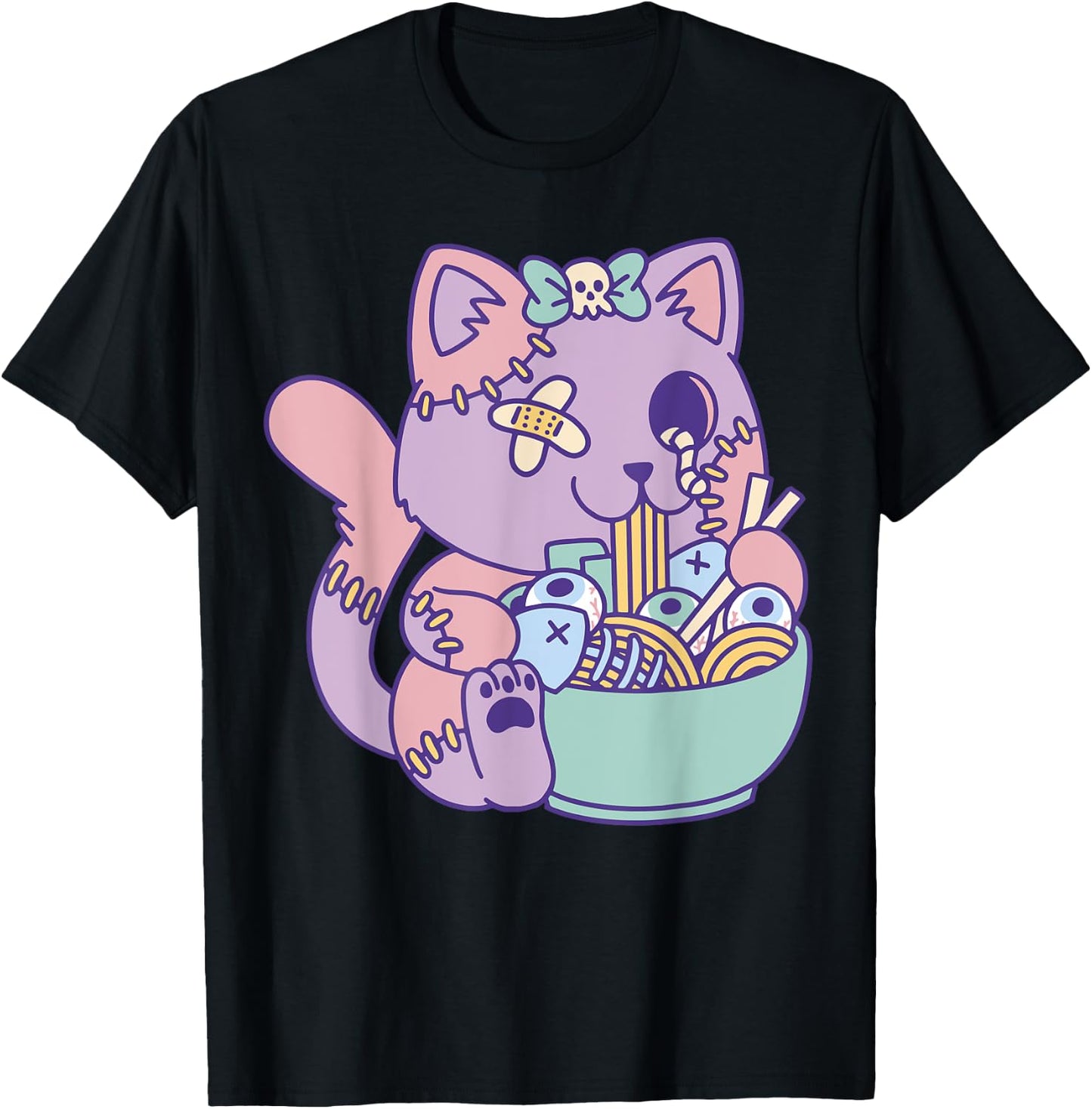 Cute Pastel Kawaii Zombie Cat Eating Ramen Halloween 2023 T-Shirt - T-Shirt | Black