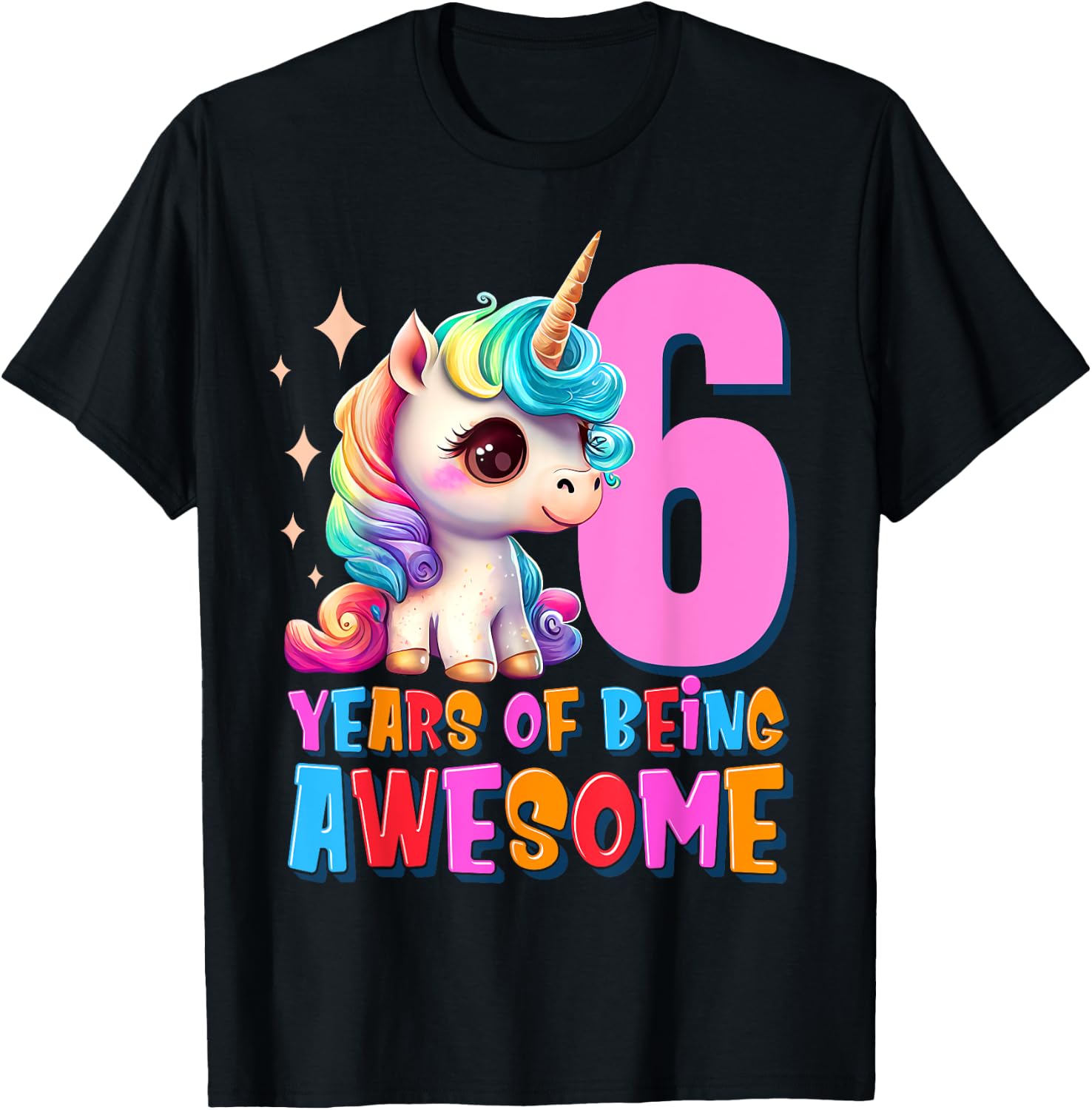 6 Years Old Unicorn Cute Sixth Birthday Party Girls & Boys T-Shirt - T-Shirt | Black