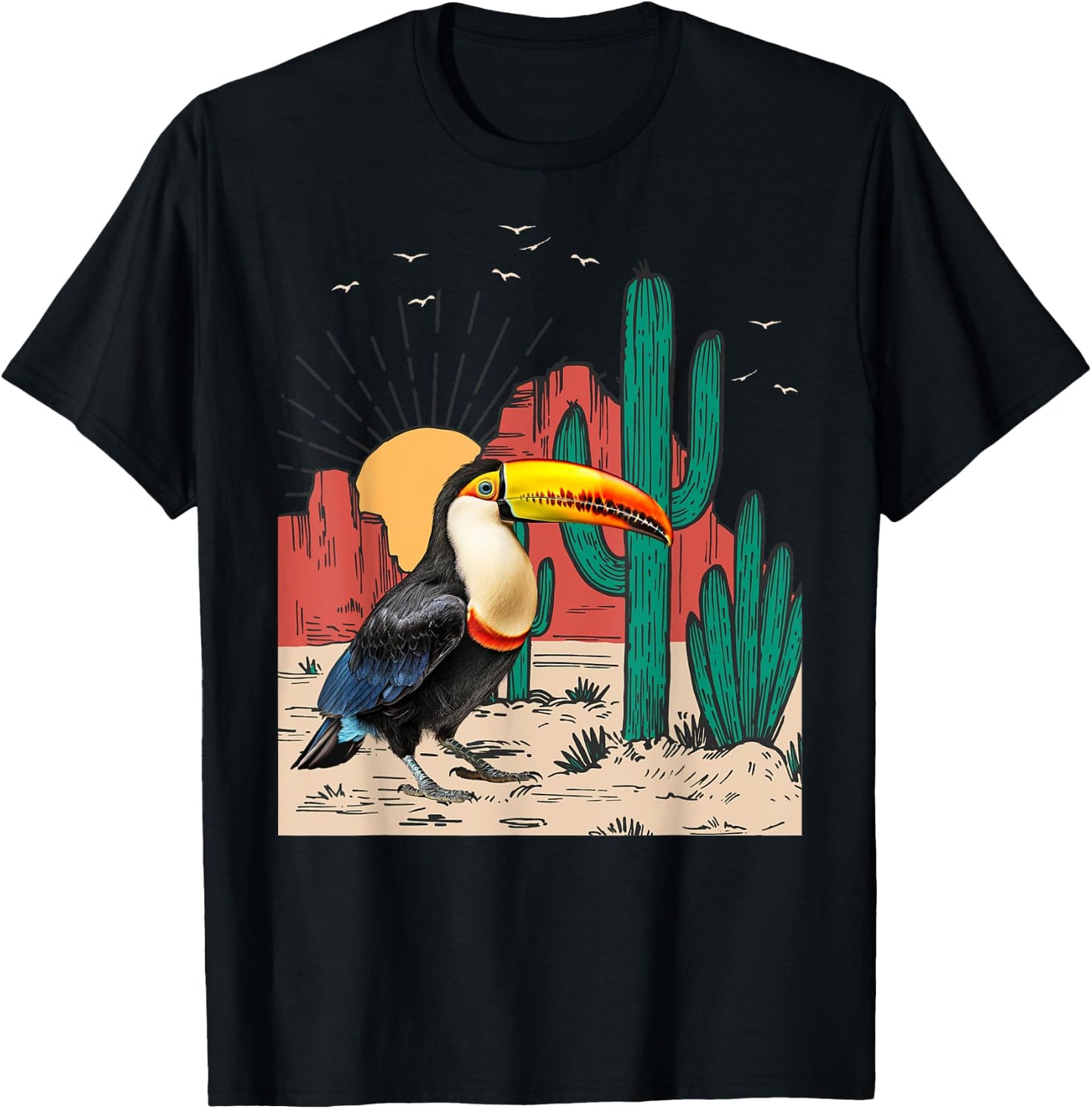 Toucans Birds Vintage Sunset Mountain Cactus Desert Toucan T-Shirt - T-Shirt | Black
