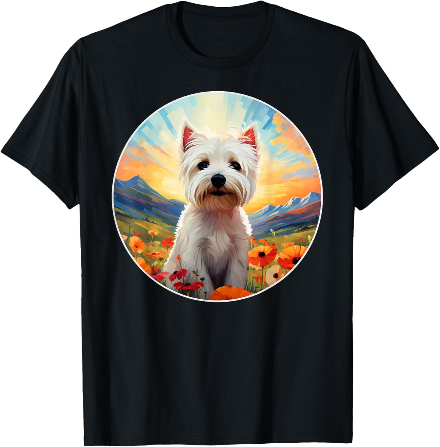 Cute West Highland Terrier Westie Flower Mountain Sunset Dog Men Women Girls Kids T-Shirt - T-Shirt | Black