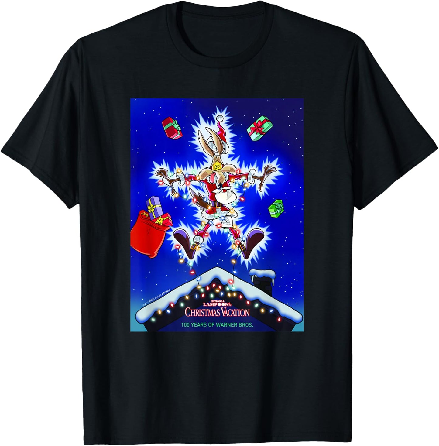 WB 100 Looney Tunes Christmas Vacation Wile E. Coyote Santa T-Shirt - T-Shirt | Black