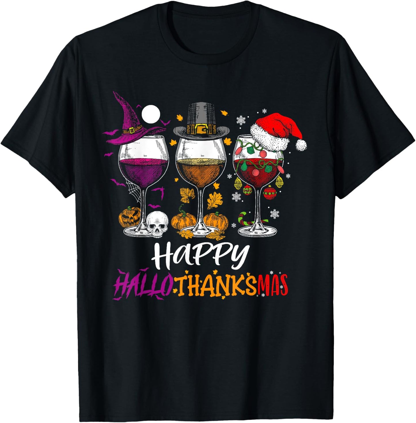 Happy Hallothanksmas Halloween Wine Thanksgiving Christmas T-Shirt - T-Shirt | Black