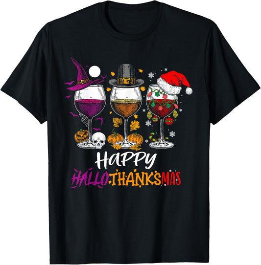 Happy Hallothanksmas Halloween Wine Thanksgiving Christmas T-Shirt - T-Shirt | Black