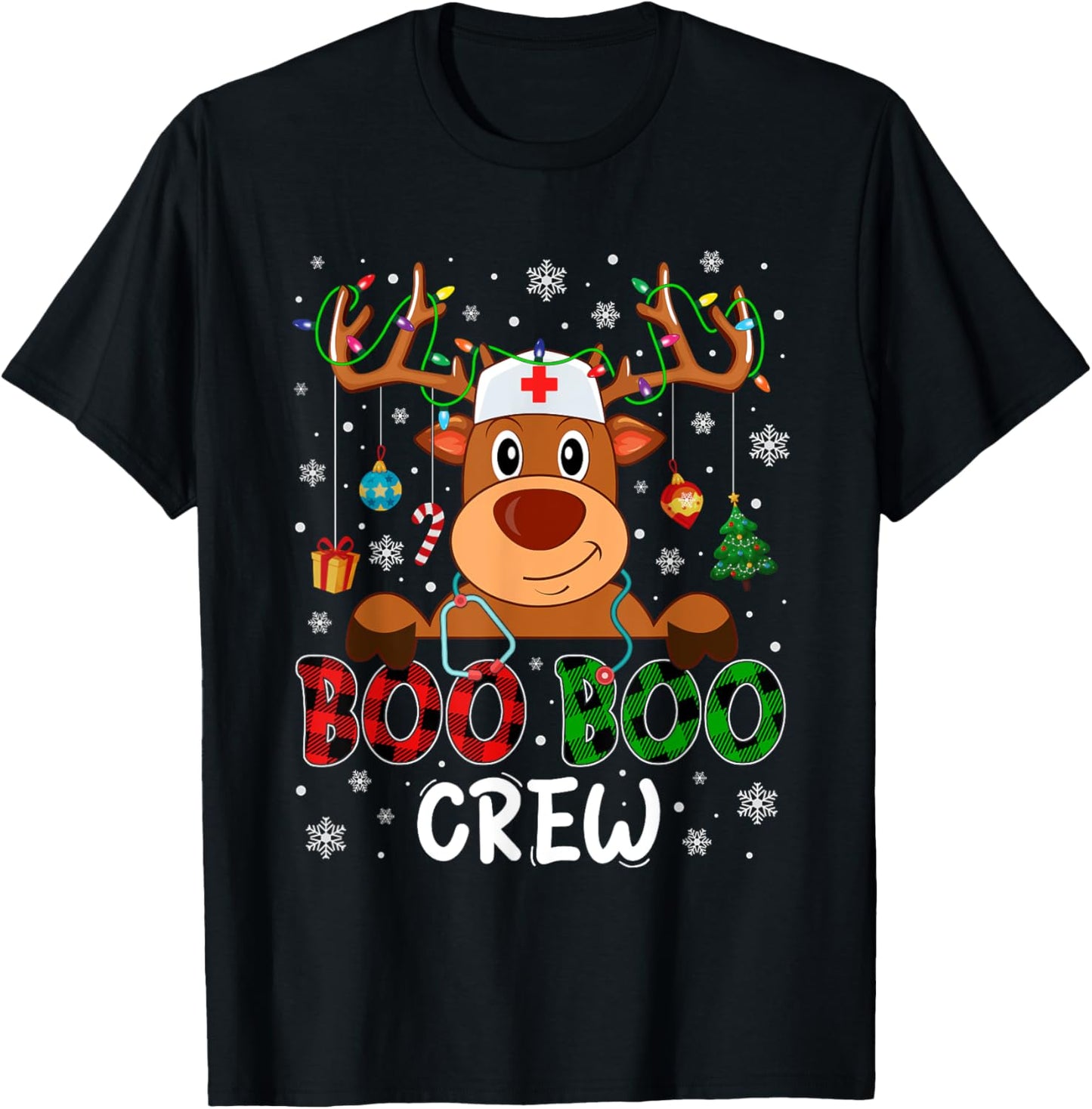 Reindeer Boo Boo Crew Nurse Buffalo Plaid Christmas Nurse T-Shirt - T-Shirt | Black