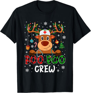 Reindeer Boo Boo Crew Nurse Buffalo Plaid Christmas Nurse T-Shirt - T-Shirt | Black