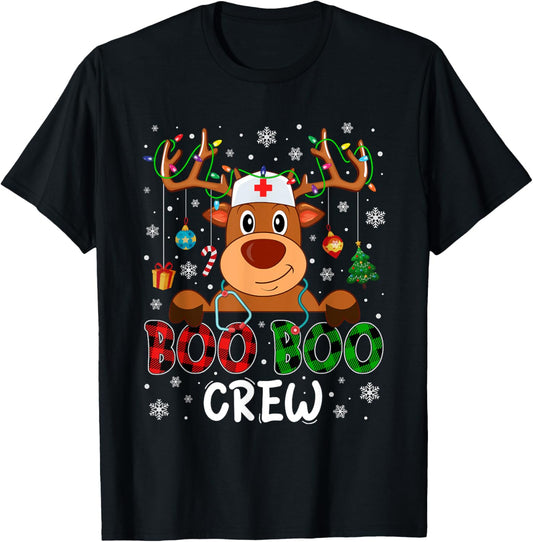 Reindeer Boo Boo Crew Nurse Buffalo Plaid Christmas Nurse T-Shirt - T-Shirt | Black
