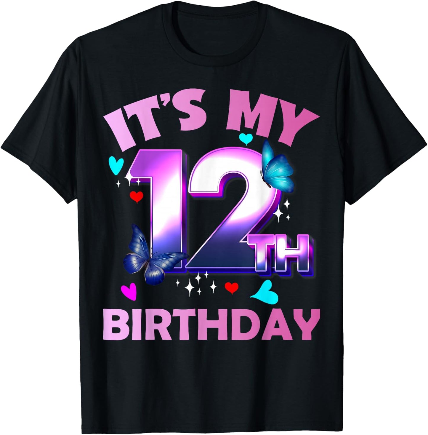 Butterflies - Girls and Boys - It´s My 12th Birthday T-Shirt - T-Shirt | Black
