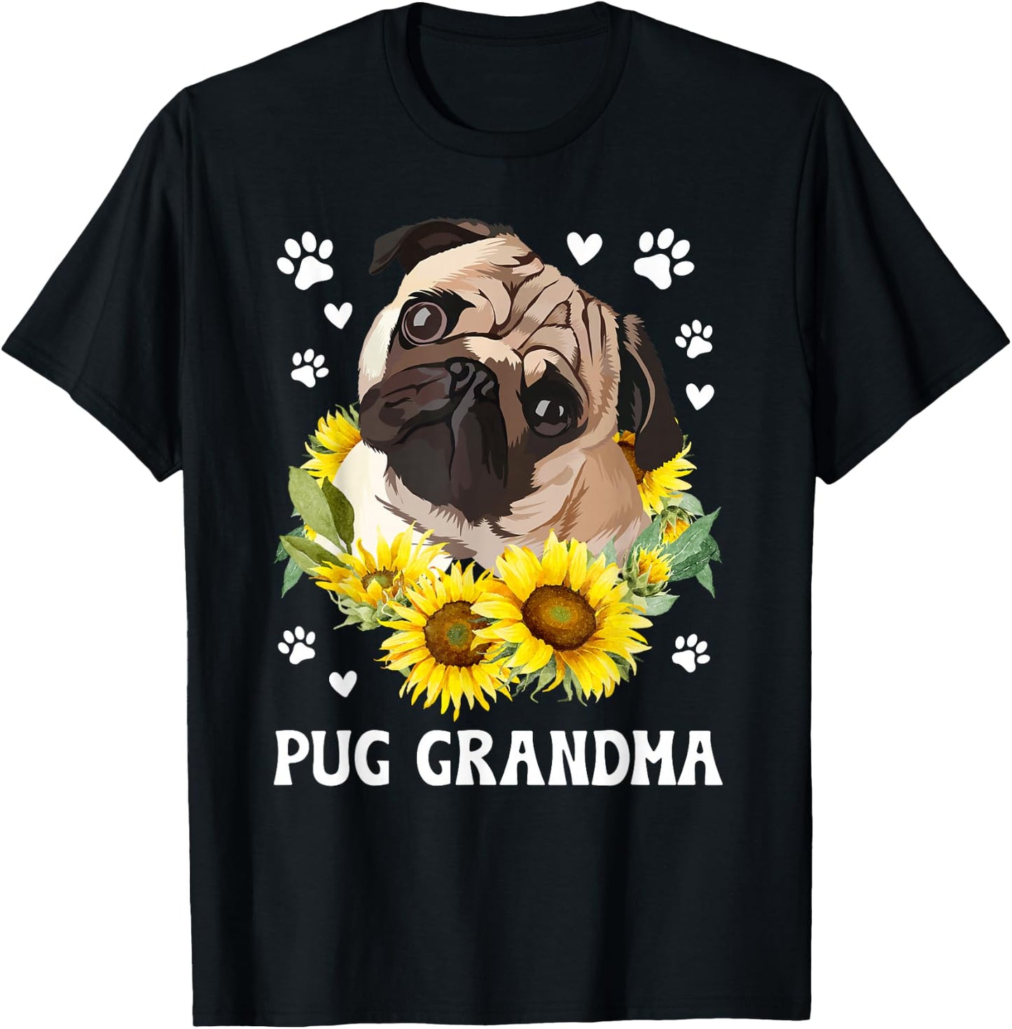 Pug Grandma Flowers Grandma Of A Pug Grandmother T-Shirt - T-Shirt | Black