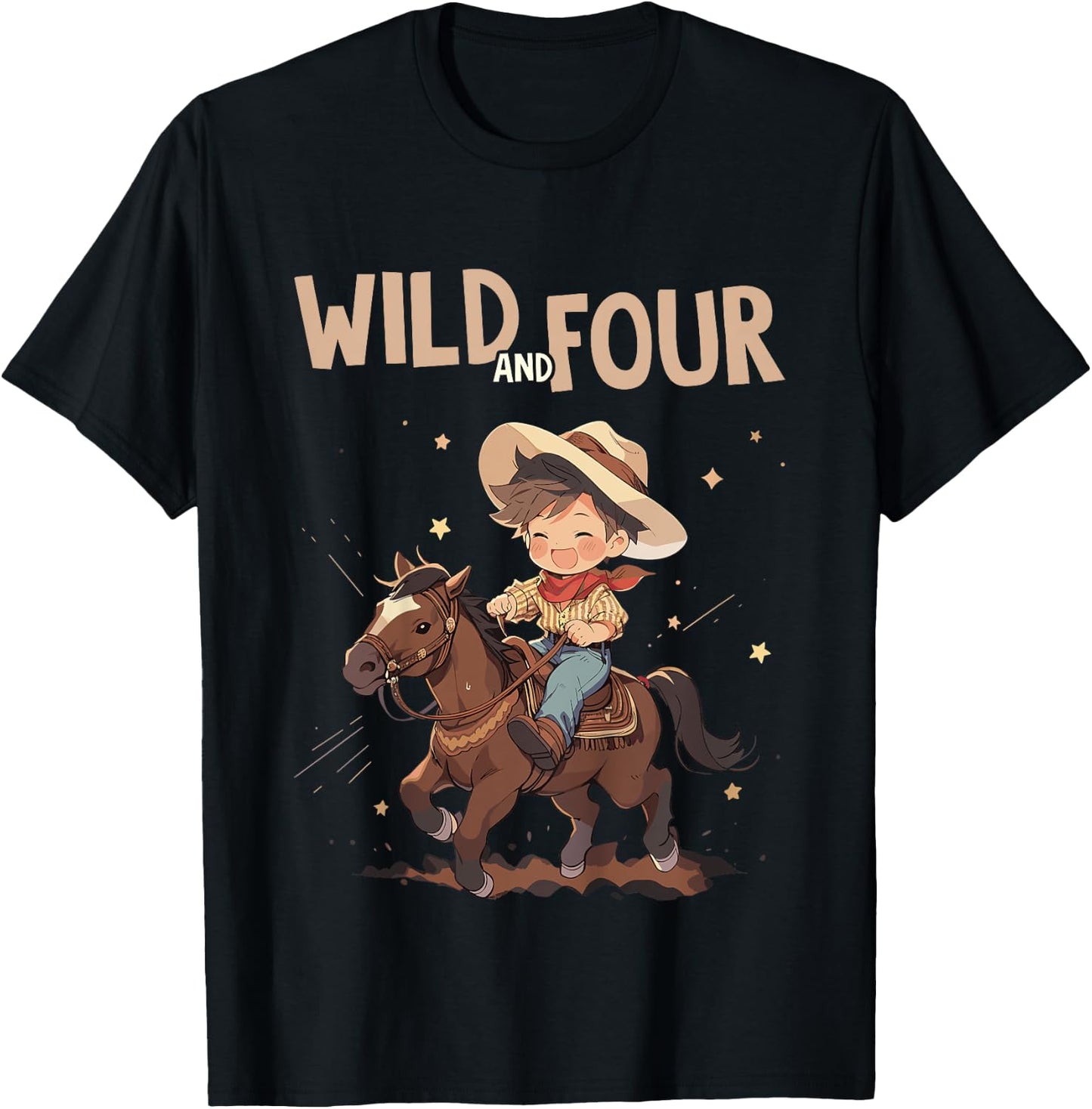 Kids 4th Birthday Cute Little Cowboy Western - Wild and Four T-Shirt - T-Shirt | Black
