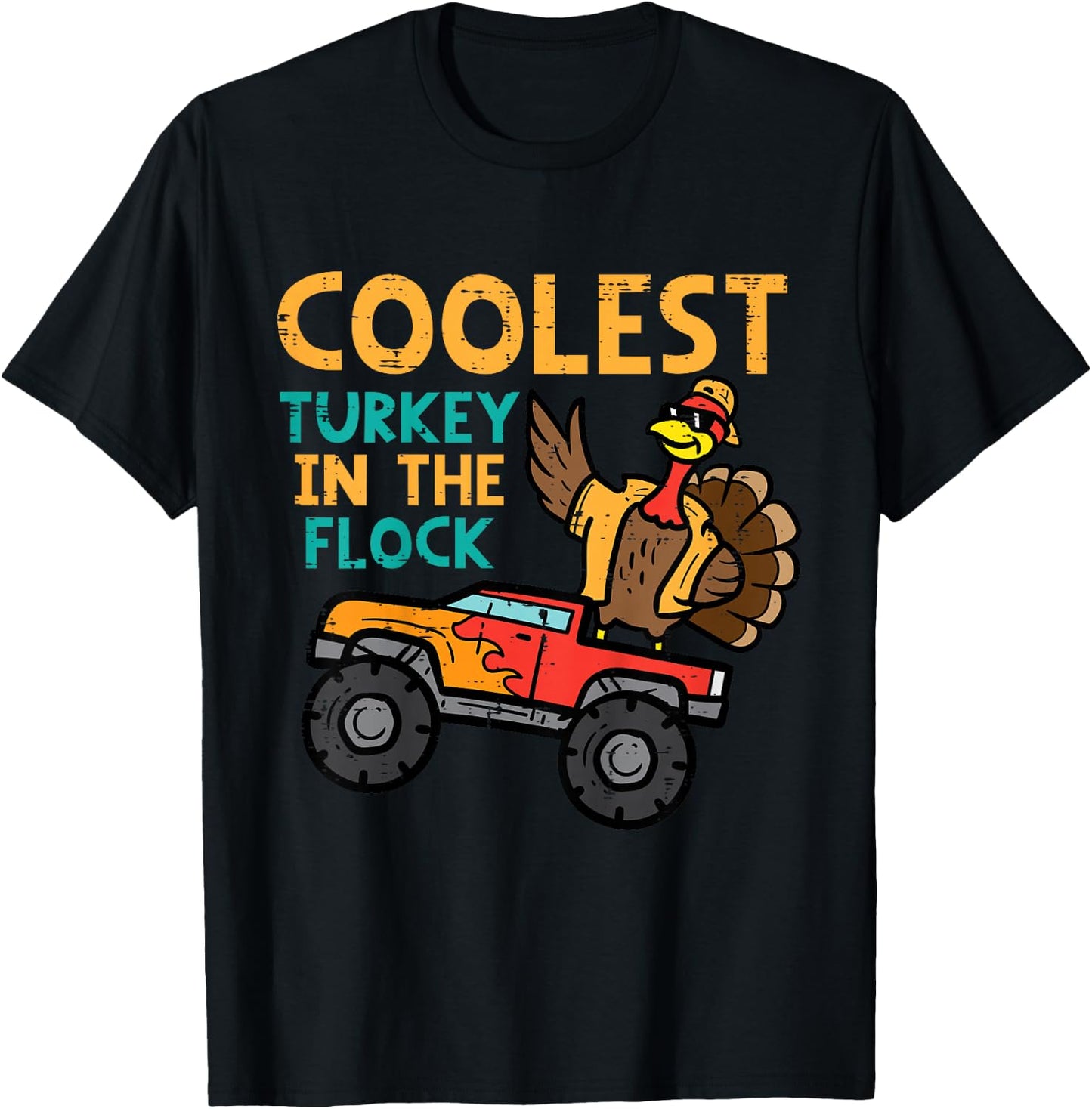 Kids Thanksgiving Monster Truck Coolest Turkey Flock Toddler Boys T-Shirt - T-Shirt | Black