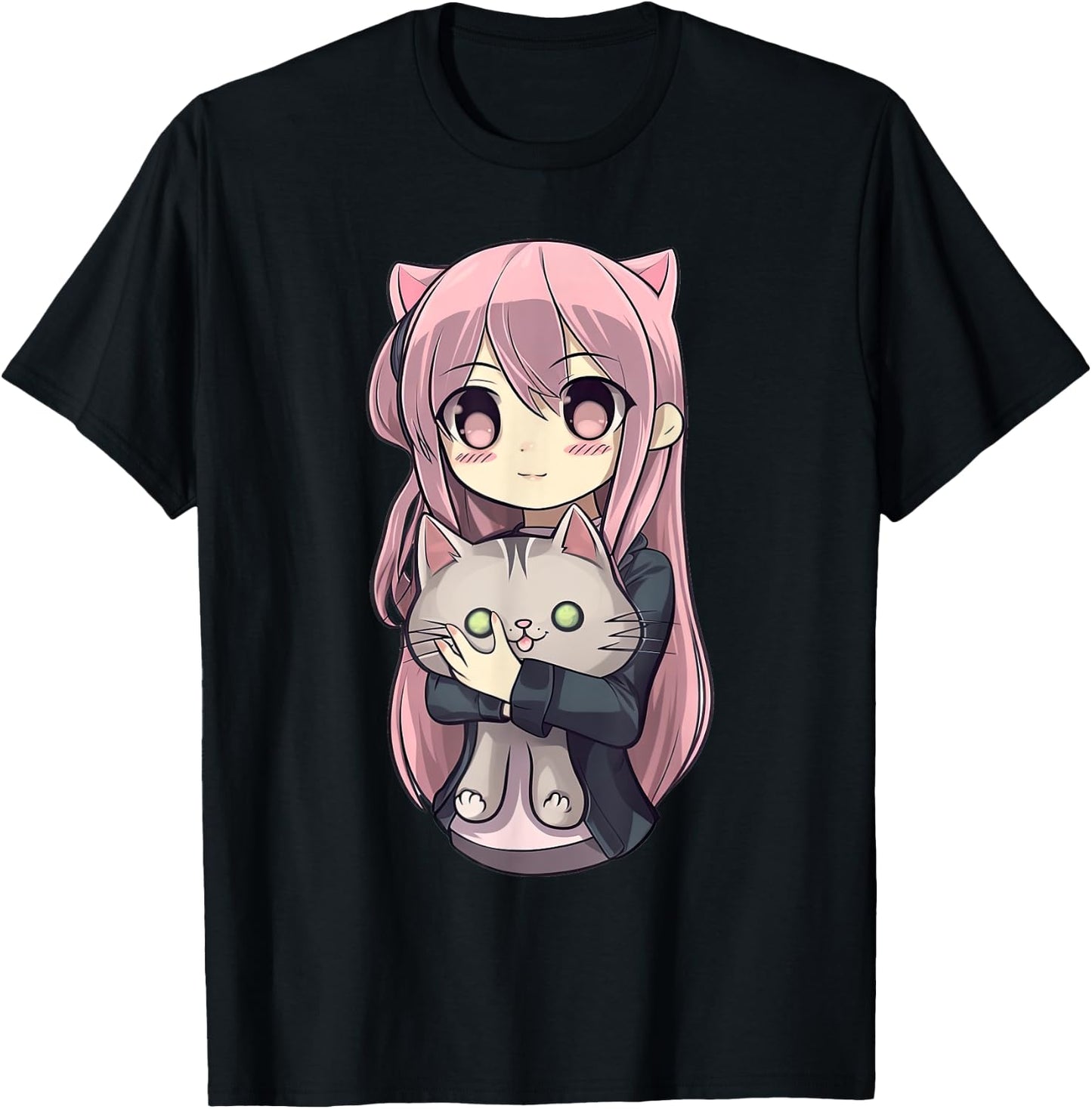 Anime and Cats Kawaii Cute Teen Otaku Girl with Cat T-Shirt - T-Shirt | Black