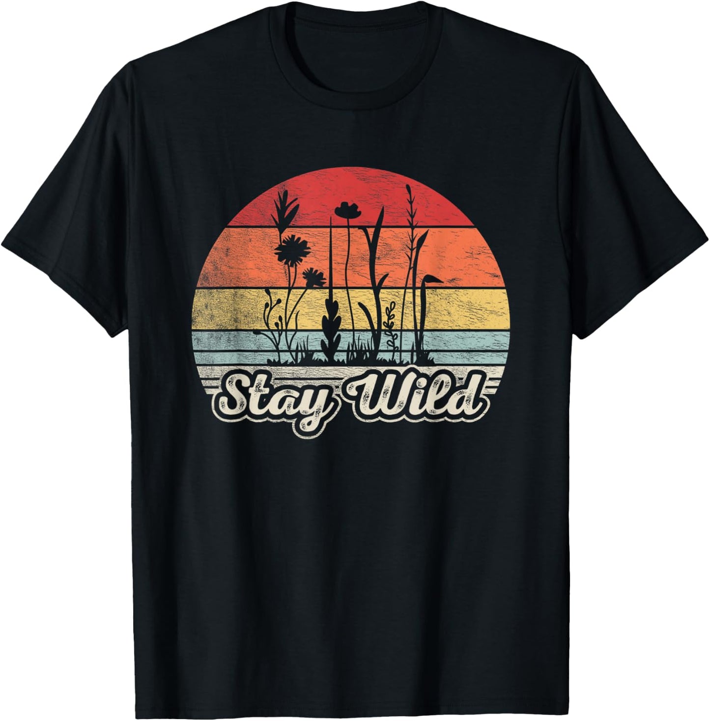 Retro Vintage Stay Wild Wildflower Inspirational Women Quote T-Shirt - T-Shirt | Black