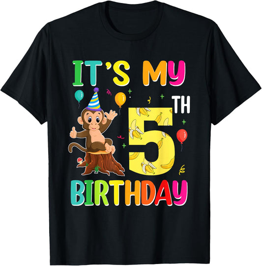 It's My 5th Birthday Monkey 5 Year Old Boy Girl T-Shirt - T-Shirt | Black