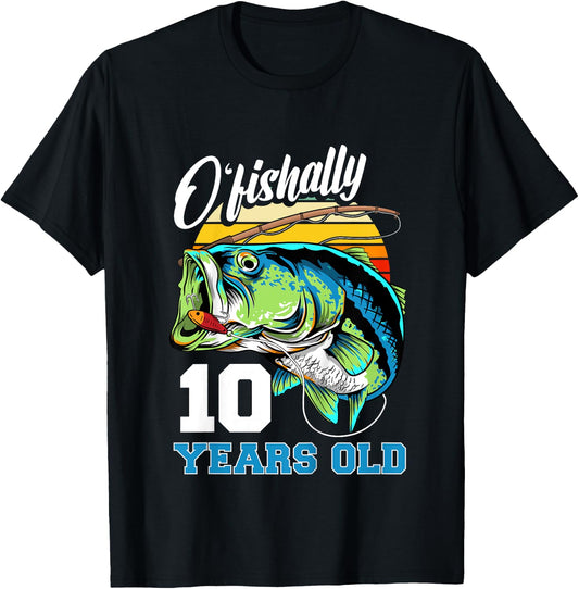 Ofishally 10 Years Old Fisherman 10th Birthday Fishing T-Shirt - T-Shirt | Black