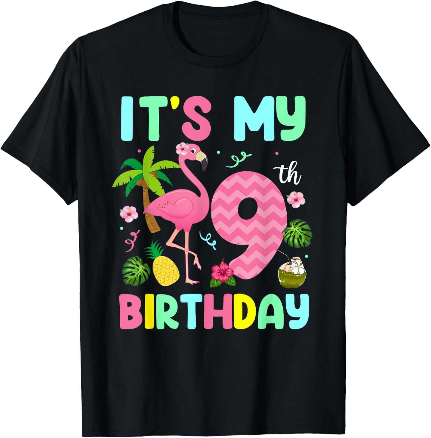 It's My 9th Birthday Flamingo Shirt Hawaii 9 Yrs Old Girl T-Shirt - T-Shirt | Black