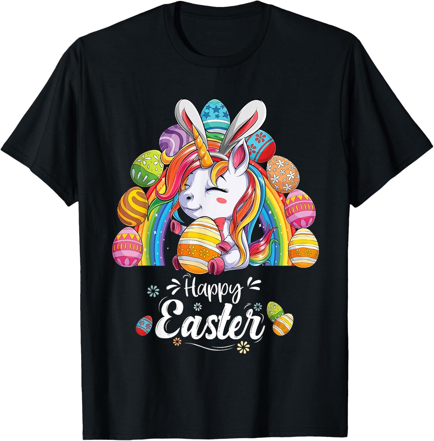 Unicorn Happy Easter Day bunny Rainbow egg Girls Kids T-Shirt - T-Shirt | Black
