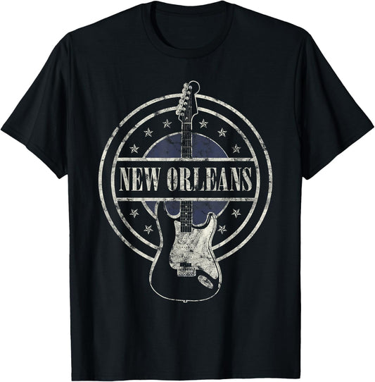 Vintage New Orleans Souvenir Rock and Roll Guitar Player T-Shirt - T-Shirt | Black