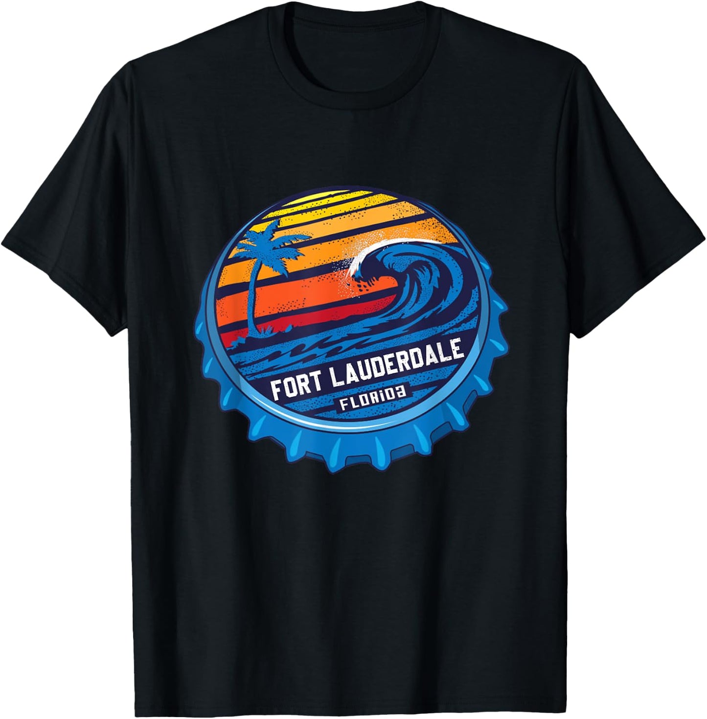 Palm Tree Ocean Wave On Bottle Cap Fort Lauderdale Florida T-Shirt - T-Shirt | Black