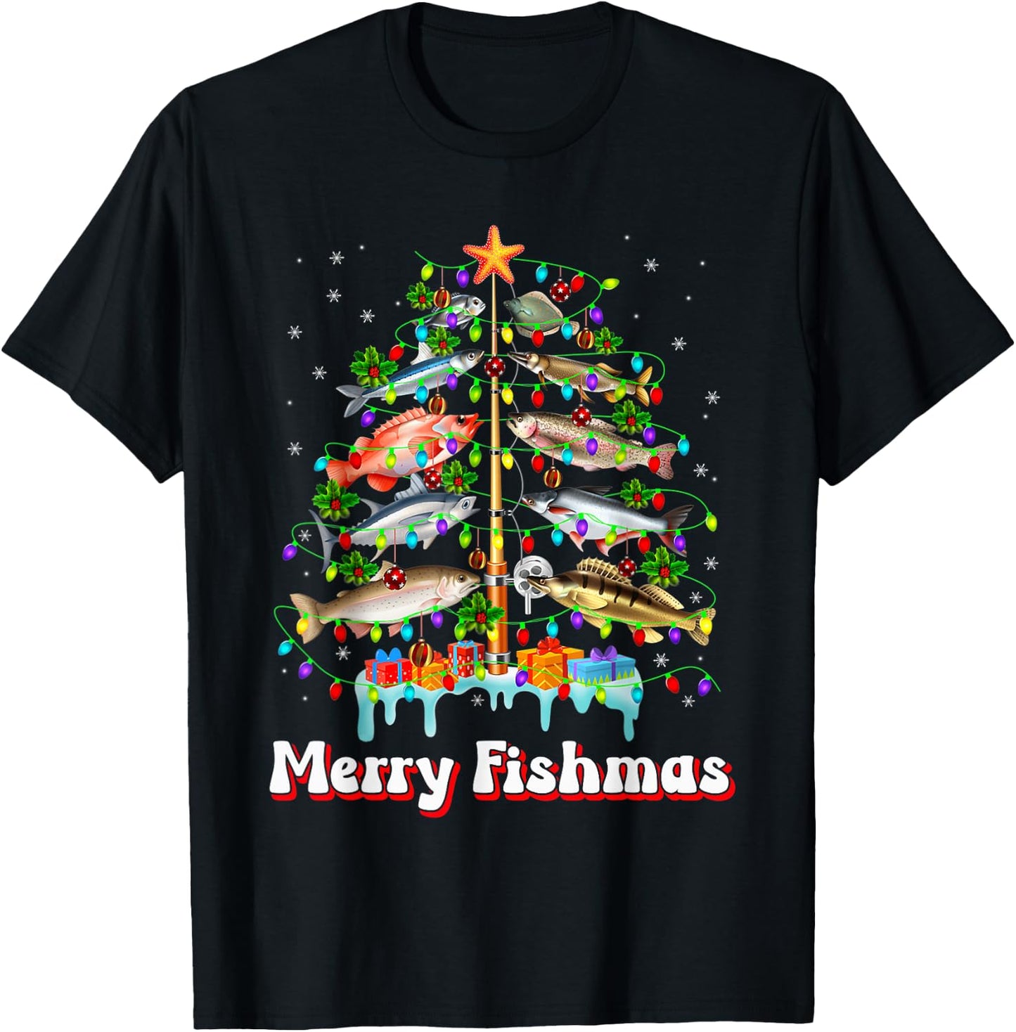 Merry Fishmas Christmas Tree Funny Fish Fishing Fisherman T-Shirt - T-Shirt | Black