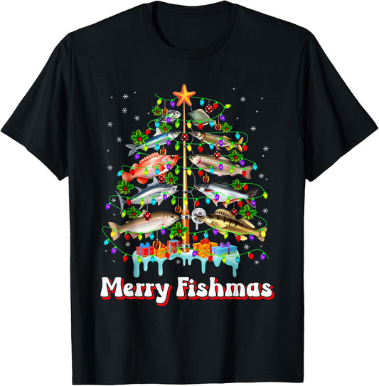 Merry Fishmas Christmas Tree Funny Fish Fishing Fisherman T-Shirt - T-Shirt | Black