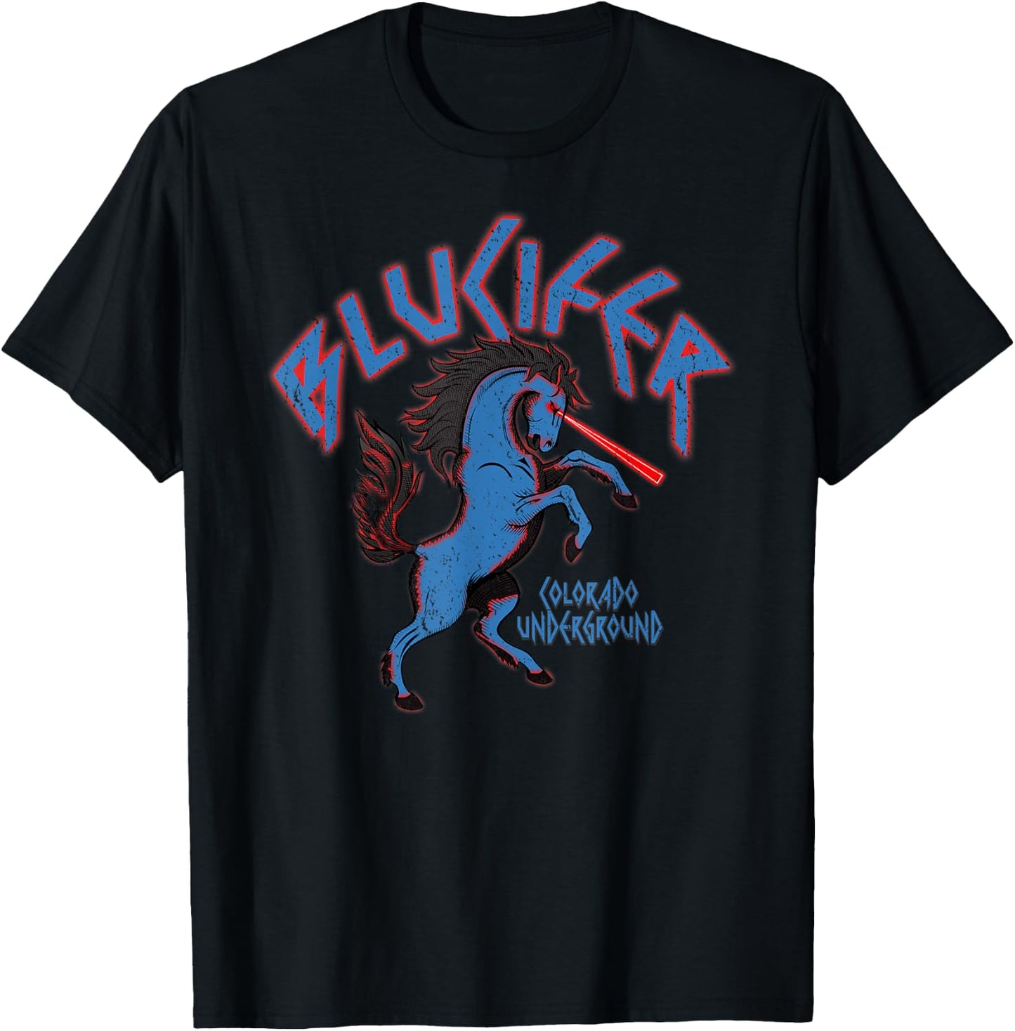 Colorado Flag and Blucifer The Blue Horse T-Shirt - T-Shirt | Black