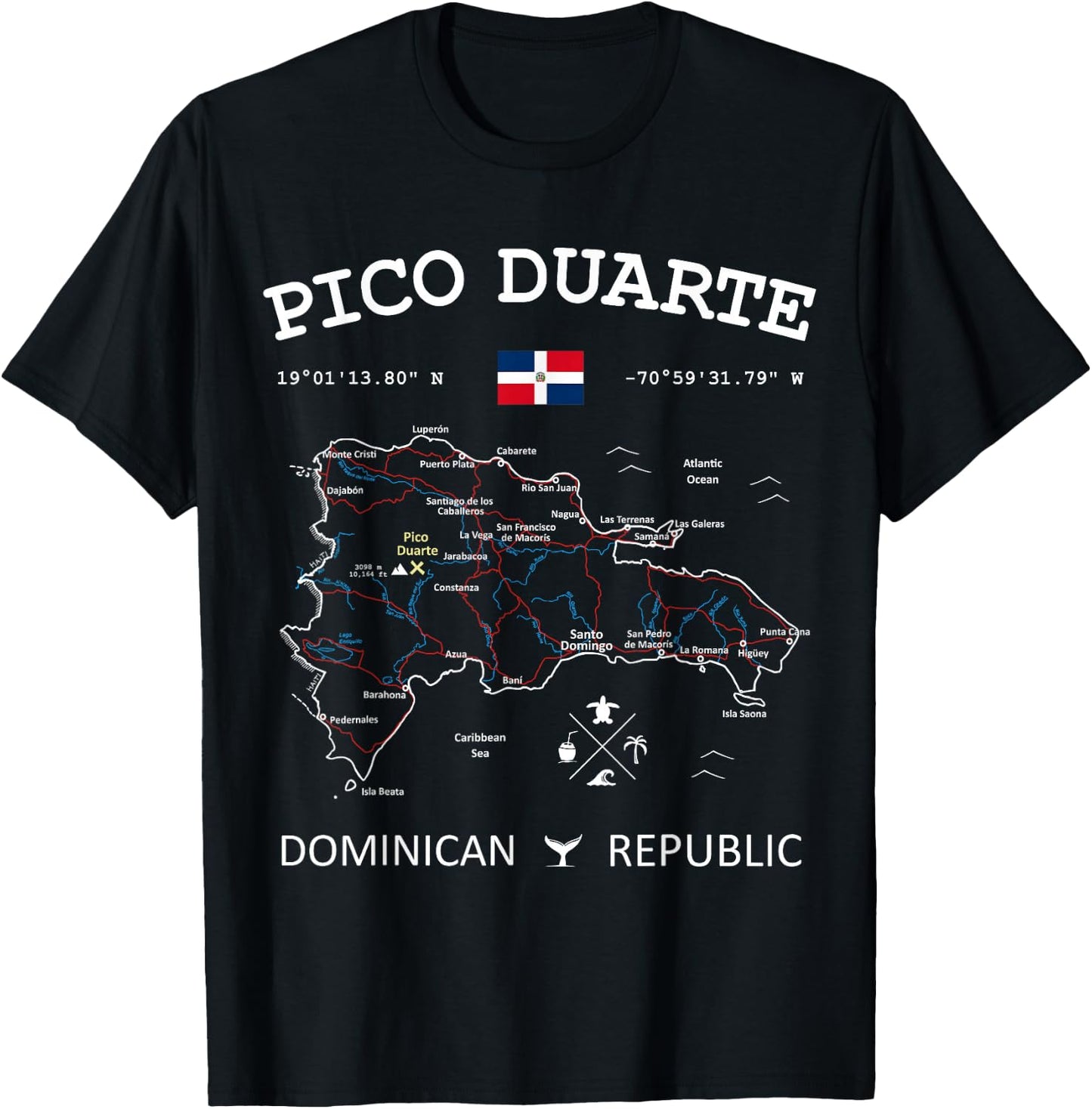 PICO DUARTE Dominican Republic Flag Map GPS Coordinates T-Shirt - T-Shirt | Black