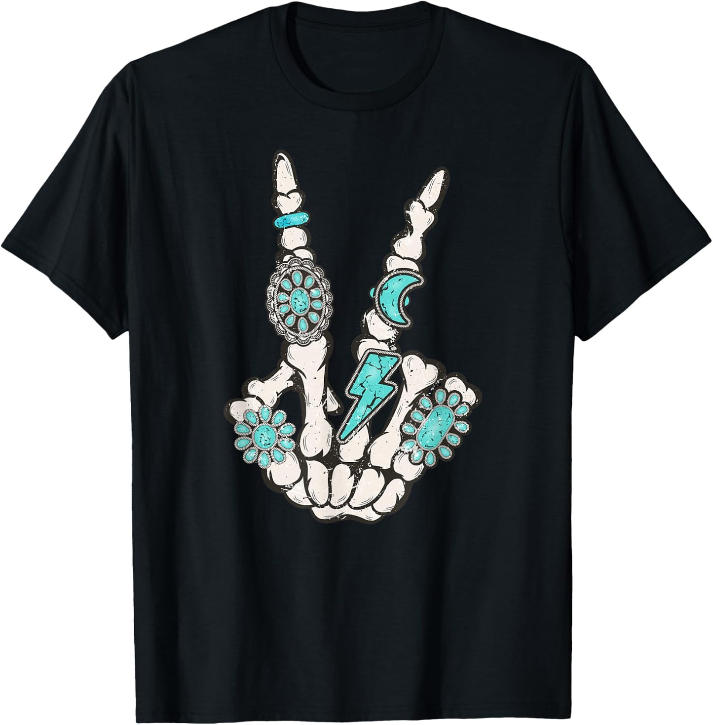 Skeleton Turquoise Hand Western Rodeo Cowboy Cowgirl T-Shirt - T-Shirt | Black