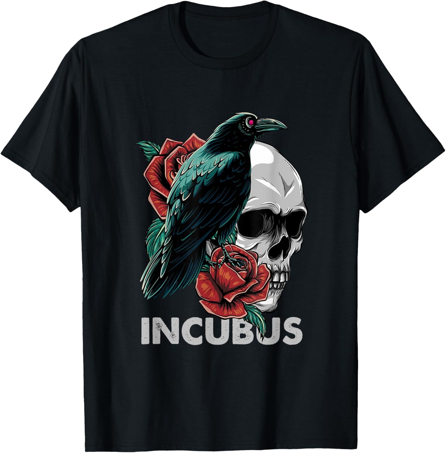 Halloween Graphic Incubus-Crow Left Skull Morning And Flower T-Shirt - T-Shirt | Black