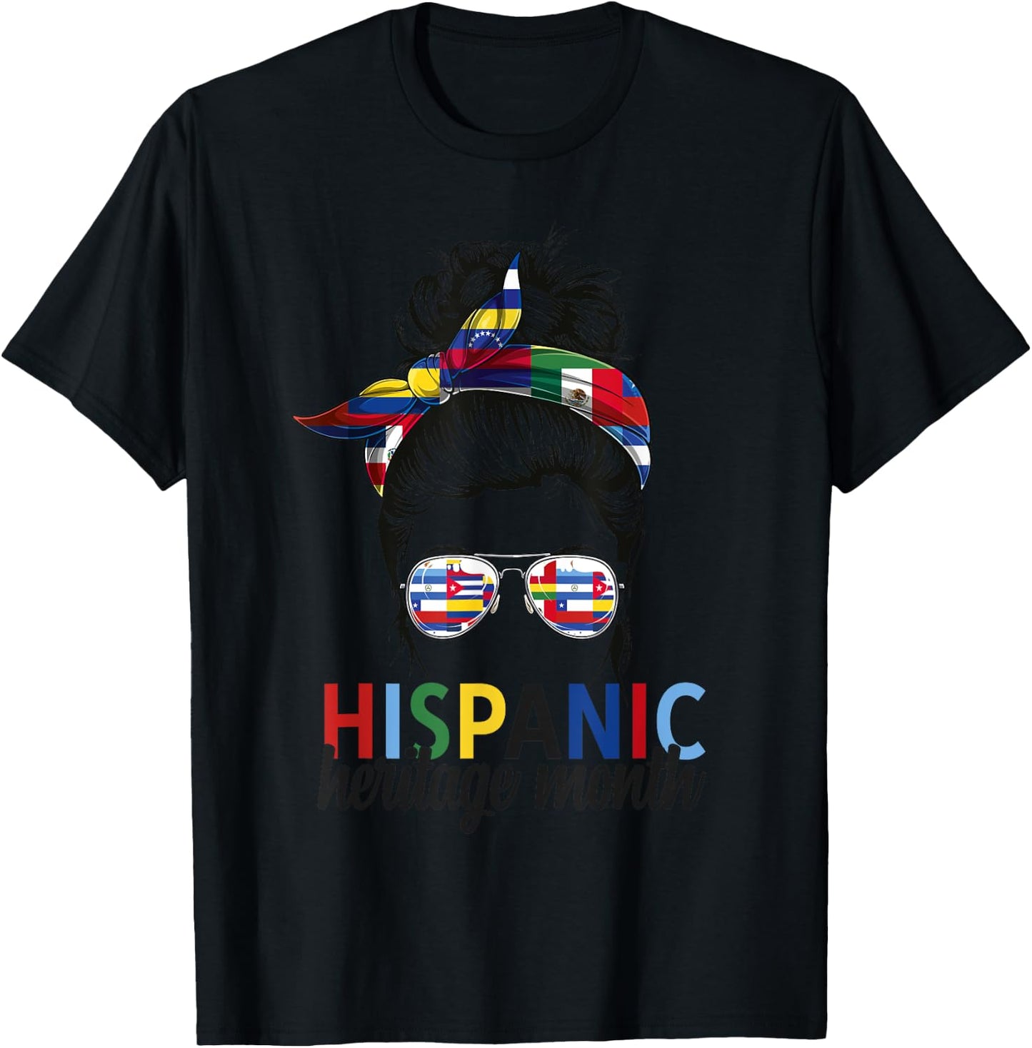 Hispanic Heritage Month all Countries Flags women messy bun T-Shirt - T-Shirt | Black