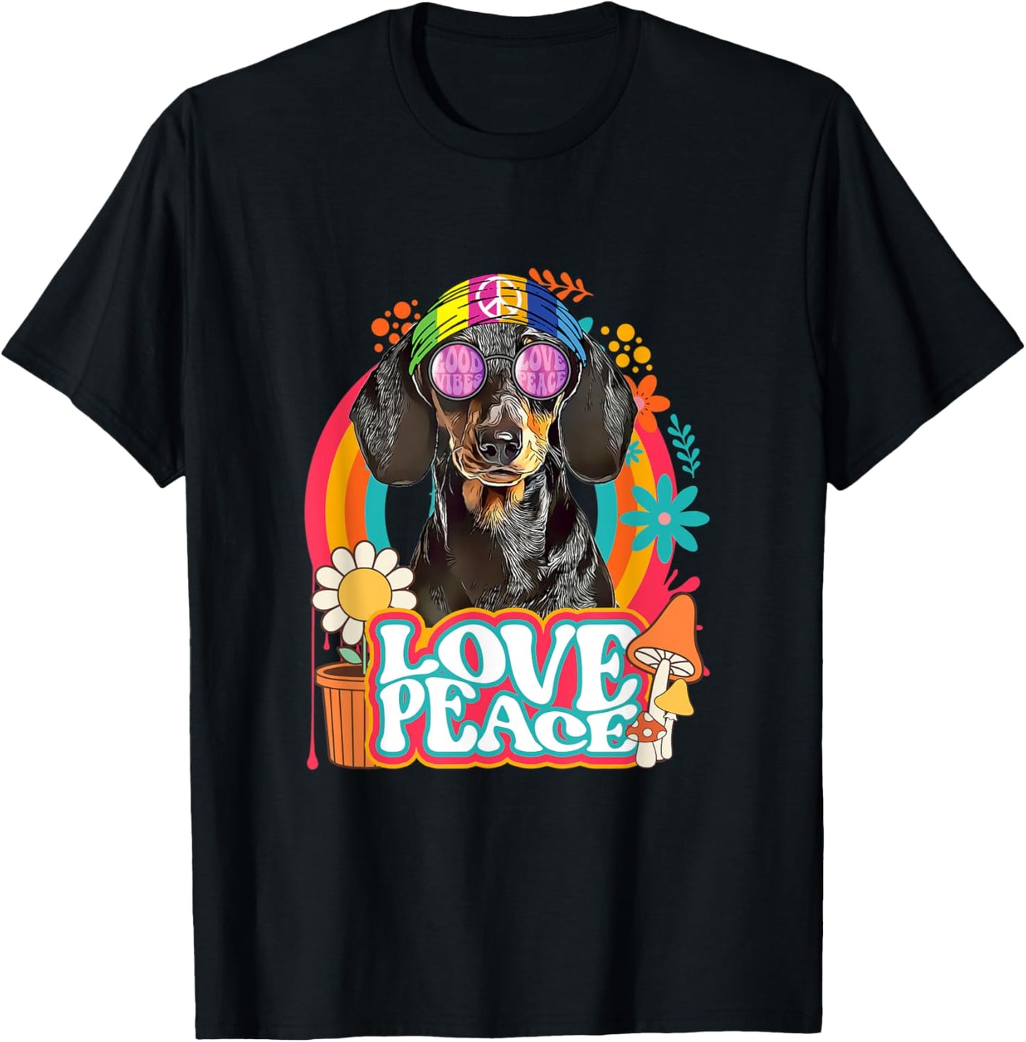 Hippie Dachshund Dog Retro 60s 70s Peace Sign Love T-Shirt - T-Shirt | Black
