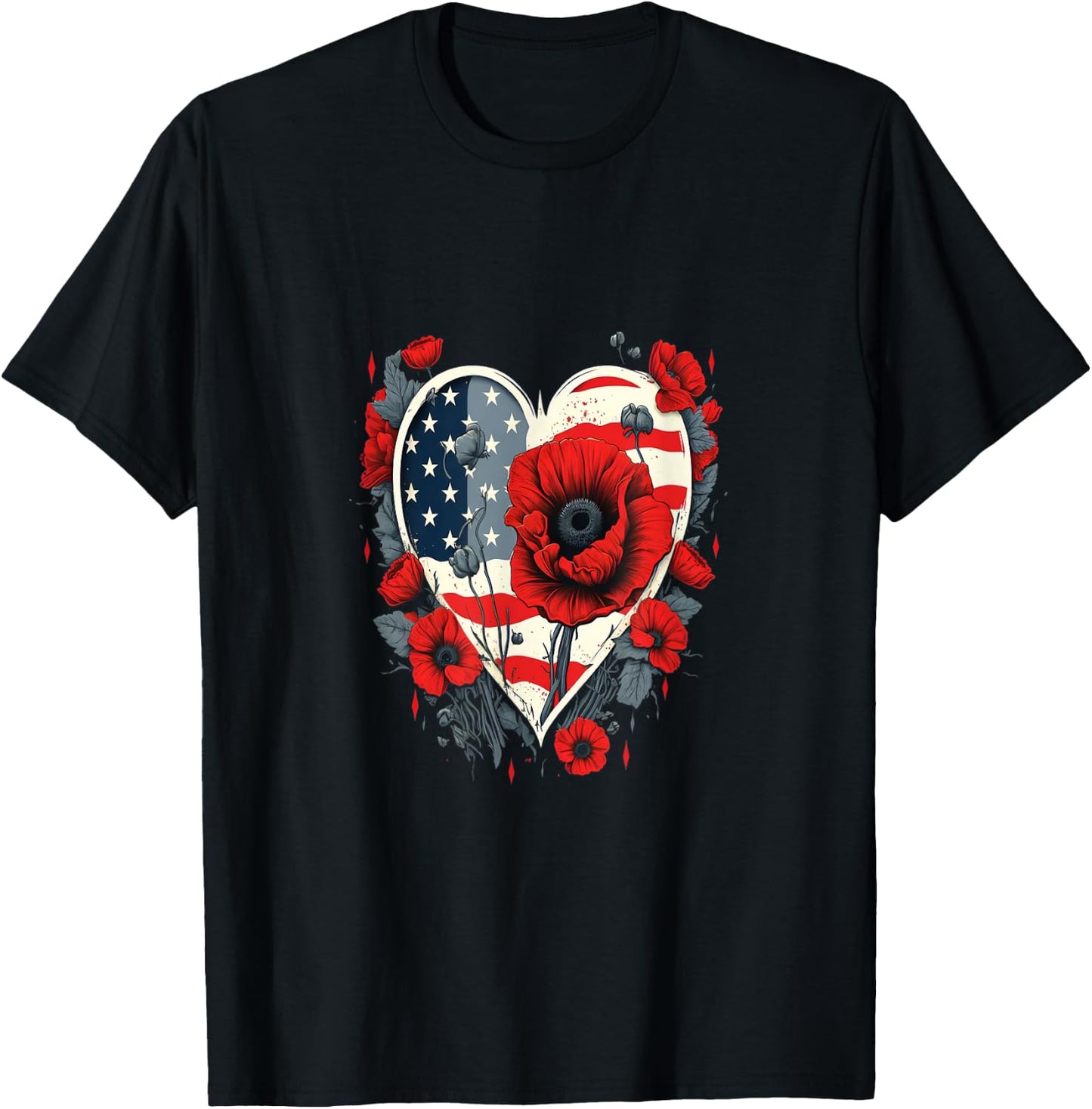 Memorial Day Red Poppy Flower USA Heart Flag 4th of July T-Shirt - T-Shirt | Black