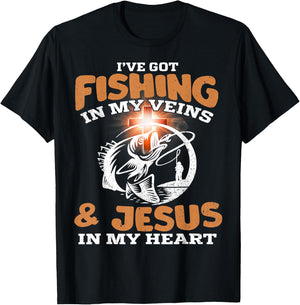 I've Got Fishing in My Veins and Jesus in My Heart Fisherman T-Shirt - T-Shirt | Black