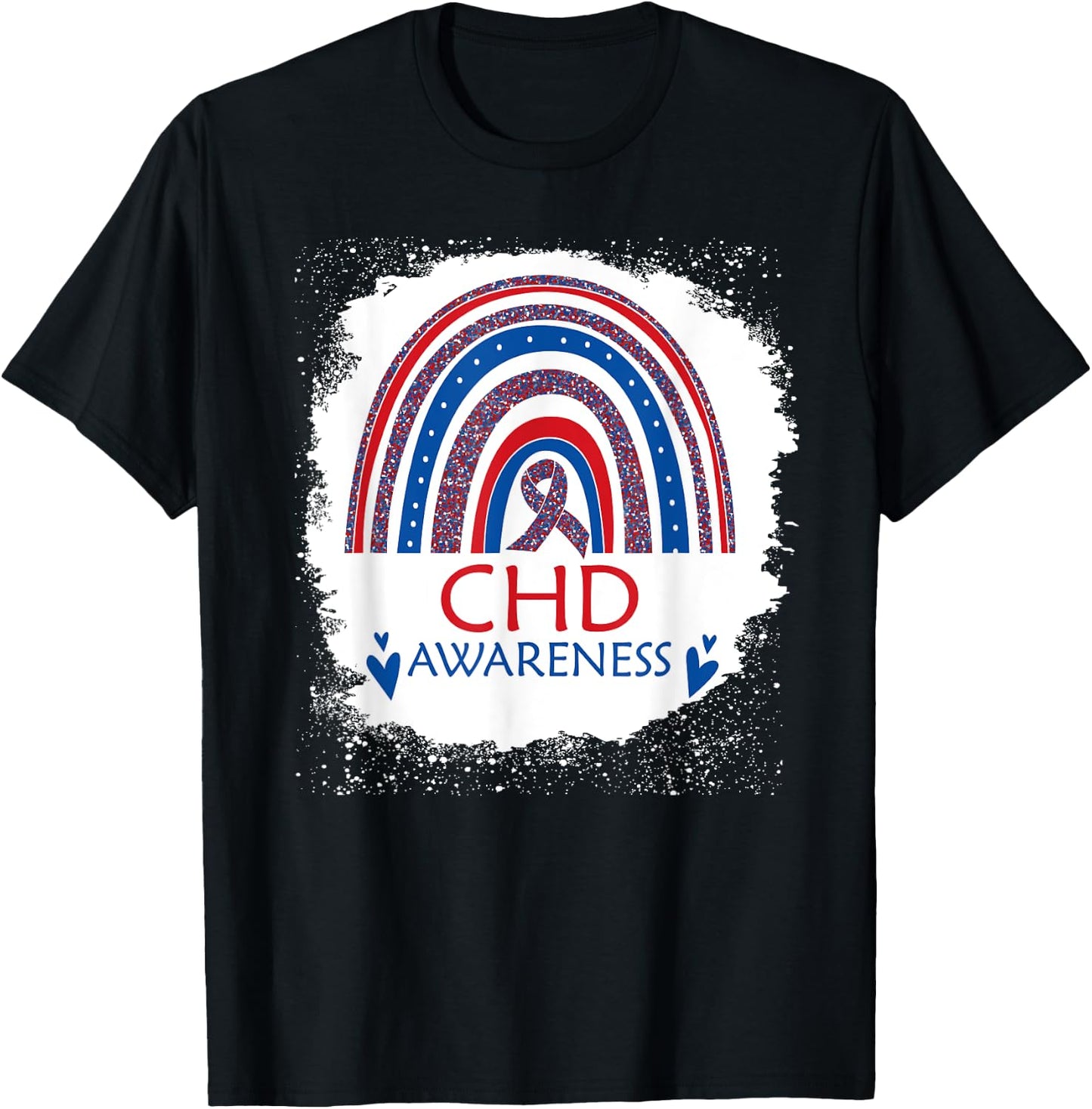 CHD Awareness Heart Disease Bleached Rainbow Blue Red Ribbon T-Shirt - T-Shirt | Black