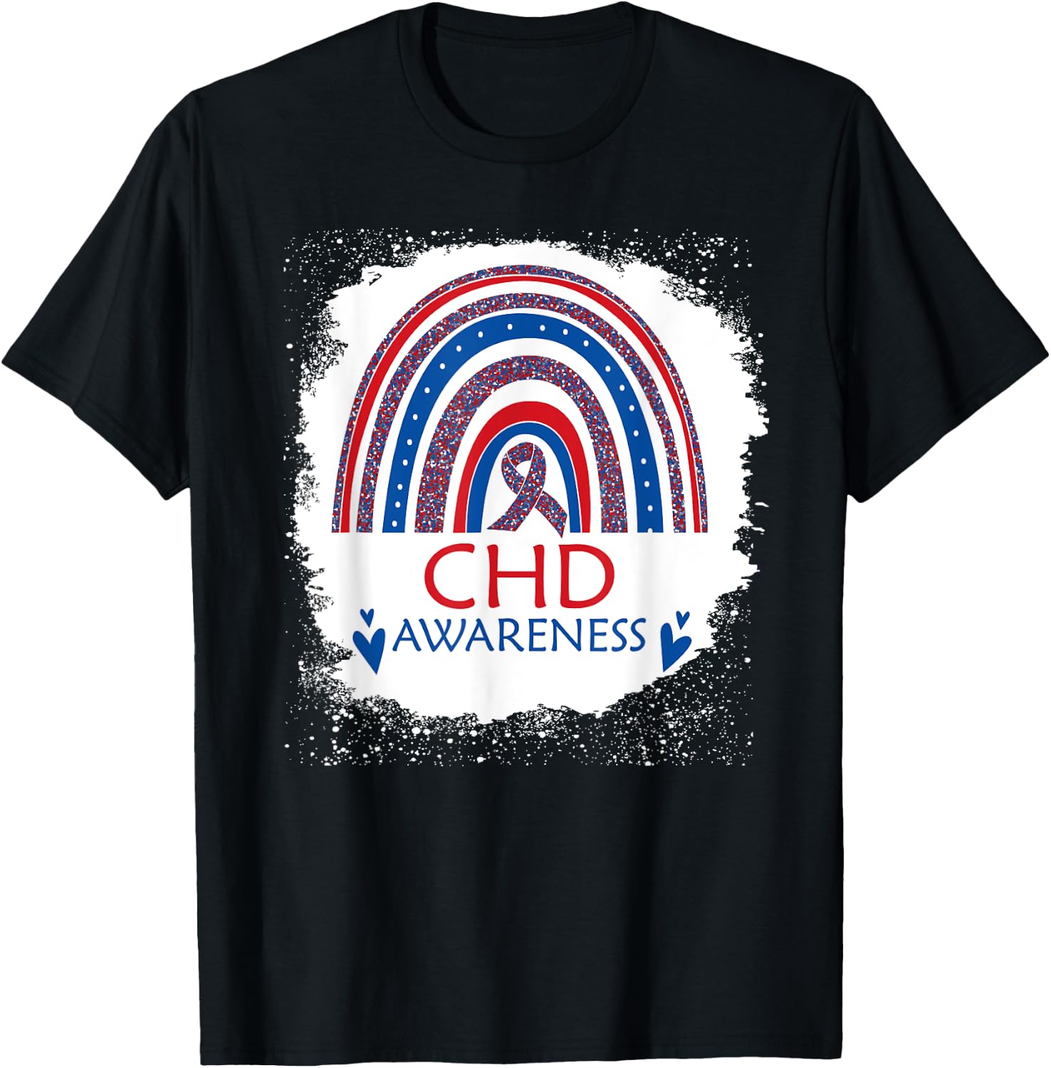CHD Awareness Heart Disease Bleached Rainbow Blue Red Ribbon T-Shirt - T-Shirt | Black