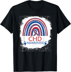 CHD Awareness Heart Disease Bleached Rainbow Blue Red Ribbon T-Shirt - T-Shirt | Black