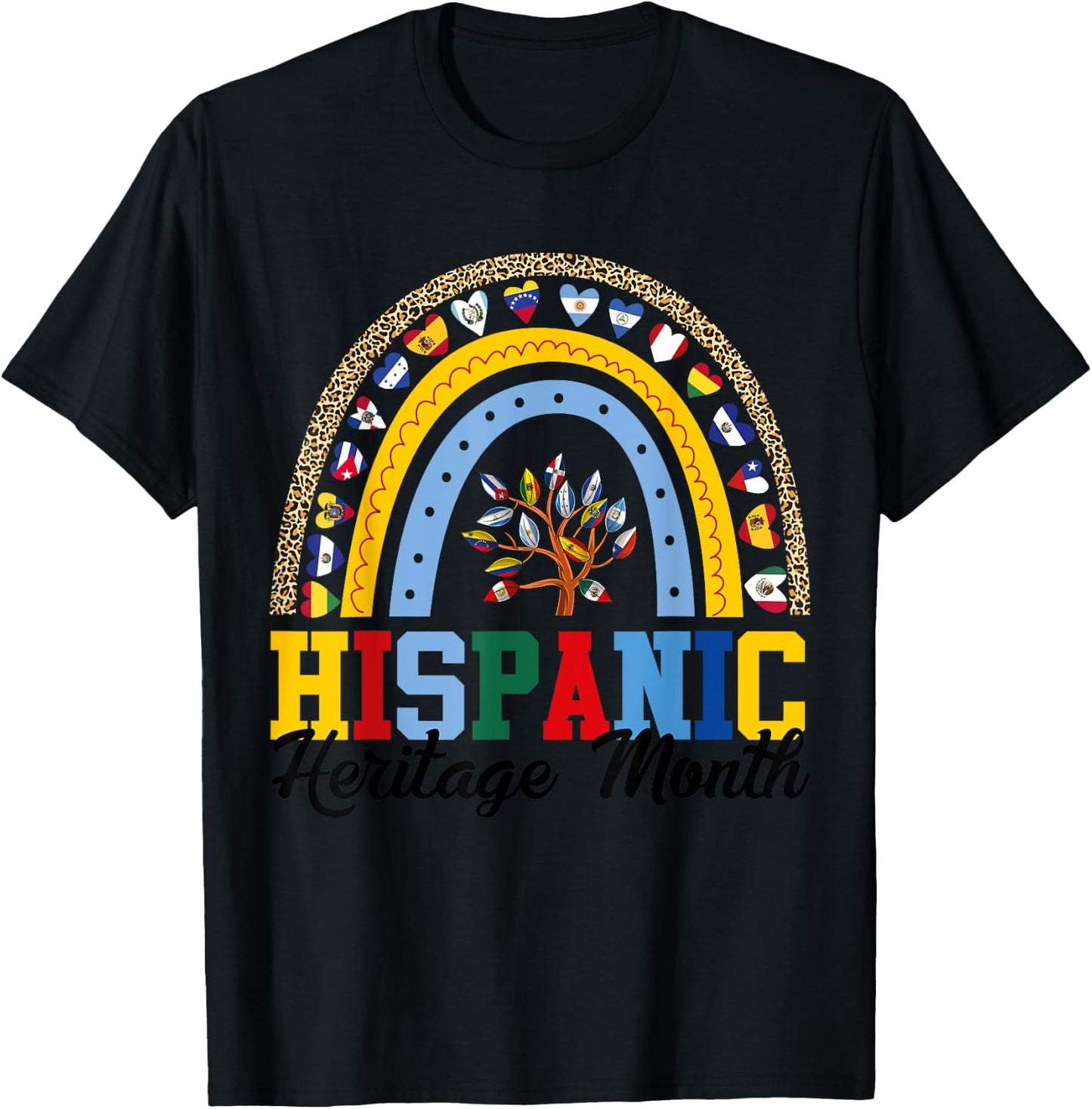 Hispanic Heritage Month all Countries Flags rainbow leopard T-Shirt - T-Shirt | Black