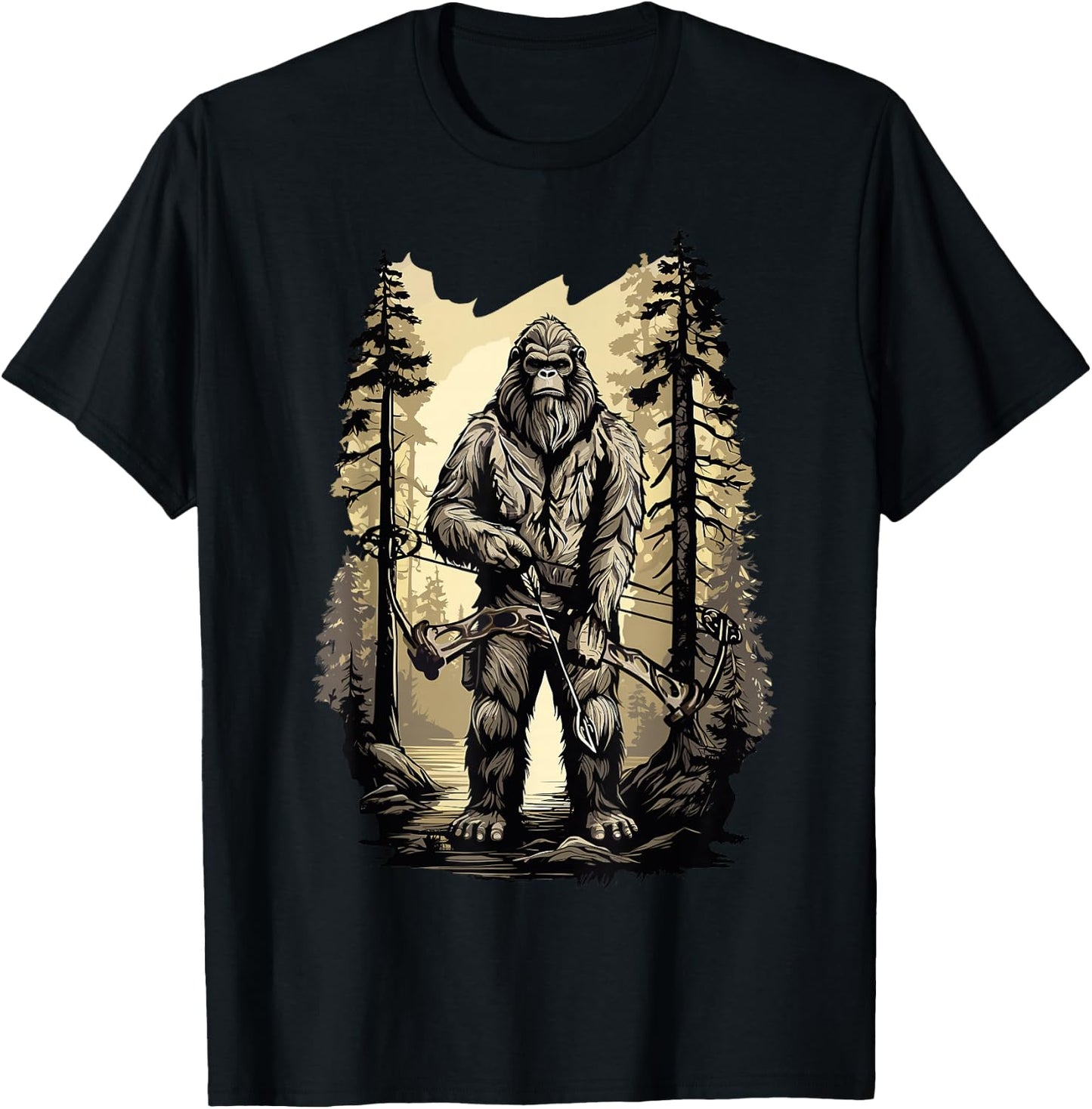 Bow Hunting Bigfoot, Funny Bow Hunting Sasquatch , Black, -Adults, Small, Short Sleeve, Classic Fit, Cotton, Polyester T-Shirt - T-Shirt | Black