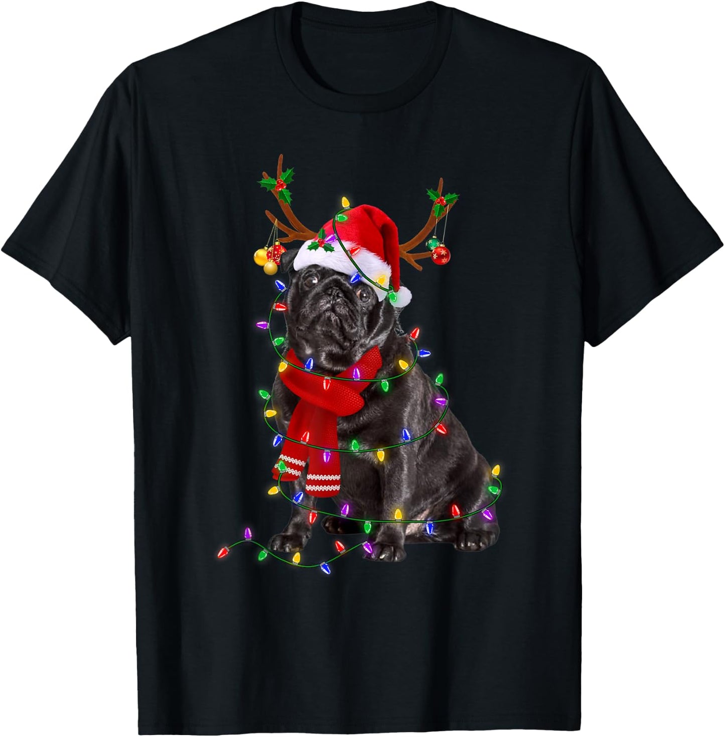 Funny Black Pug Dog Tree Christmas Lights Xmas Pajama Men Women Kids T-Shirt - T-Shirt | Black